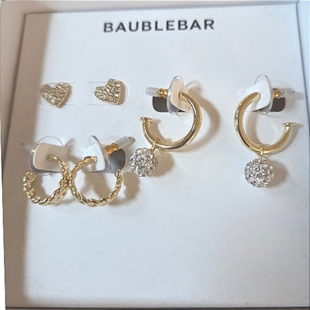 BaubleBar Gold Tone Earring Set of 3  Heart Studs Twisted‎ Hoops Pave Ball Charm